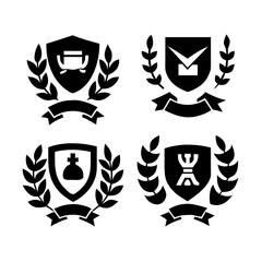 Fototapeta premium Vintage educational coat of arms set with university college and academy elements isolated vector illustration. Laurel wreaths, shields, ribbons illustration for awards ,badges, and branding designs 