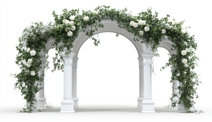 White floral archway with pillars and greenery