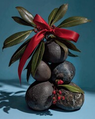 Dark stones stacked, adorned with greenery and red ribbon