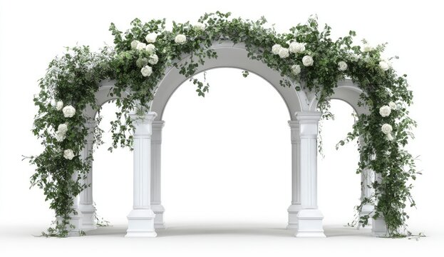 White floral archway with pillars and greenery