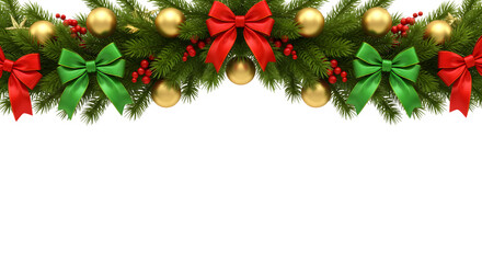  Christmas Garland with Red and Green Bows and Gold Ornaments