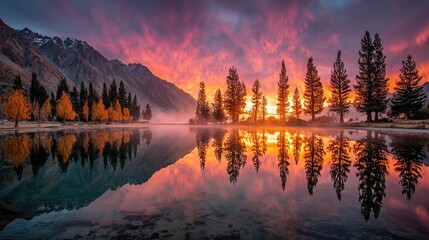 Serene mountain lake at vibrant sunrise