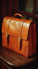 Tan leather briefcase on wooden surface