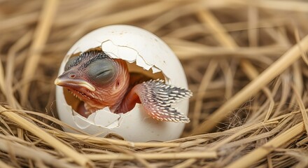 Hatching bird chick emerging from a cracked egg in nest