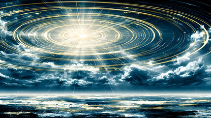 glowing digital light rings and dissolving clouds in deep synthetic space