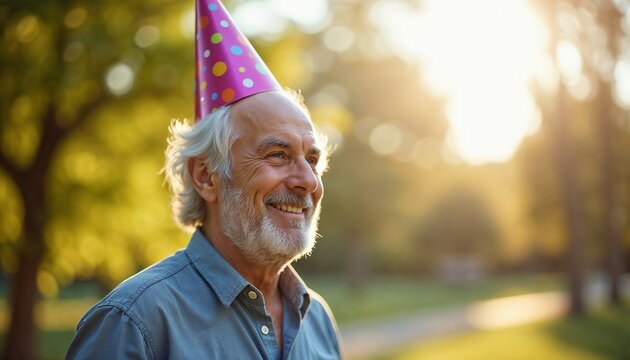 Smiling elderly man wearing a colorful birthday hat in a sunlit park - Powered by Adobe