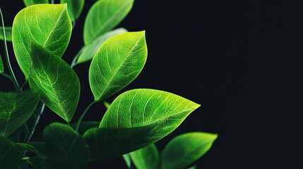Vivid bright green leaves illuminated dramatically against dark black background, creating striking contrast, perfect for nature posters, eco campaigns, luxury packaging or modern graphic design.