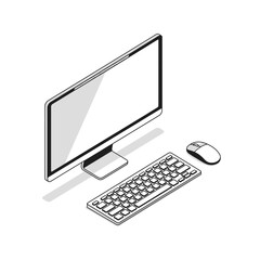 Isometric black and white line art illustration of a desktop computer setup with monitor, keyboard, and mouse.