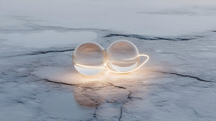 spheres and glowing fractals hovering above a textured, alien ground surface