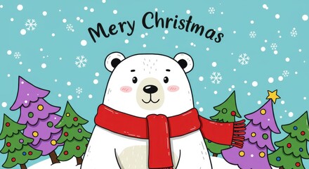 A cheerful polar bear wearing a red scarf stands amidst festive Christmas trees in a snowy landscape.