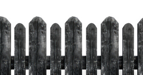 A weathered wooden fence with pointed tops against a white background.