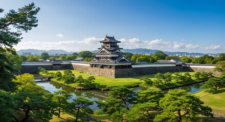 Japanese castle with moats and lush landscape