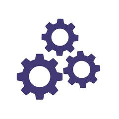 Graphic illustration of three interconnected gears, colored in a dark indigo hue