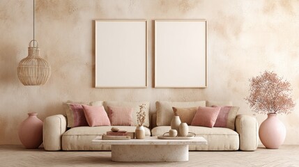 Modern Minimalist Living Room with Neutral Tones and Soft Pink Decor