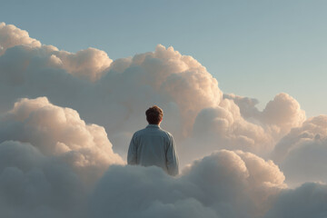 under sky filled with custom clouds representing hope and dreams person stands in contemplation