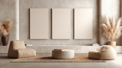Modern Minimalist Living Room with Neutral Tones and Decorative Plants