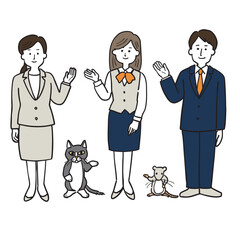 制服を着た女性と男性が案内をしているイラスト5点セット