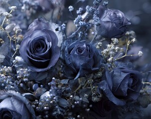 Closeup of dark blue roses bouquet