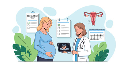 Adobe illustrator artwork vector illustration. A pregnant woman consults with a female doctor who shows her an ultrasound image, with pregnancy test and calendar elements