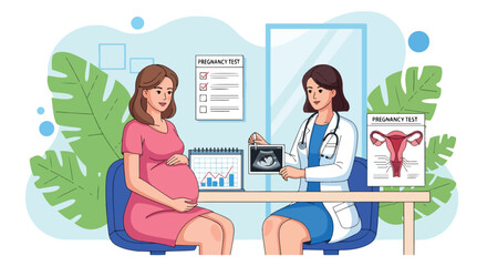 Adobe illustrator artwork vector illustration. A pregnant woman consults with a female doctor who shows her an ultrasound image, with pregnancy test and calendar elements