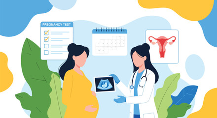 Adobe illustrator artwork vector illustration. A pregnant woman consults with a female doctor who shows her an ultrasound image, with pregnancy test and calendar elements