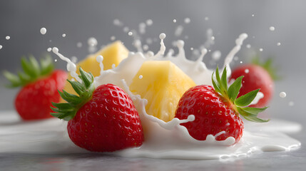 Berry and Pineapple Splash: A burst of vibrant color and refreshing flavors as juicy strawberries and succulent pineapple chunks collide with a splash of creamy milk in this captivating image.