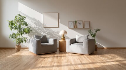 Modern Minimalist Living Room with Two Gray Armchairs and Potted Green Plants