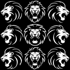 Furious lion heads with roaring expression set
