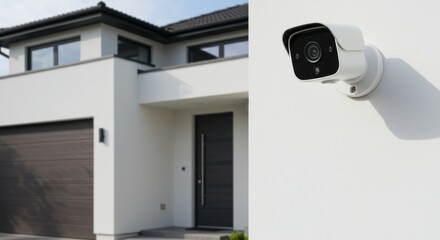 Modern house exterior with surveillance camera for property protection