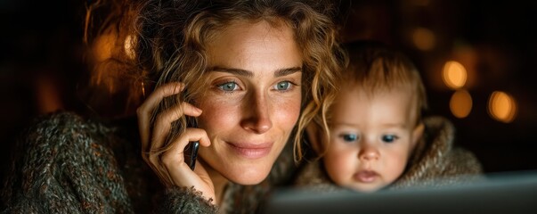 Mother multitasking at home with child while on a phone call