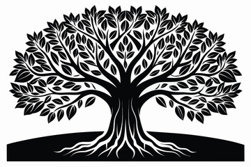 Detailed black silhouette of a tree with intricate leaves and roots against a white background