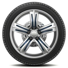 A shiny alloy wheel with a tire, showcasing a modern design for vehicles. isolated on white background