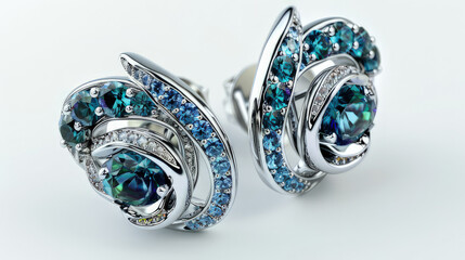 Elegant silver earrings adorned with blue gemstones in a swirling design. isolated on white background
