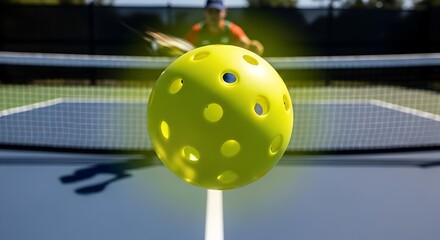 A bright yellow pickleball ball in sharp focus on a blue court with a player and net blurred in the background.