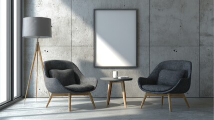Modern Minimalist Living Room with Two Dark Gray Armchairs and Floor Lamp