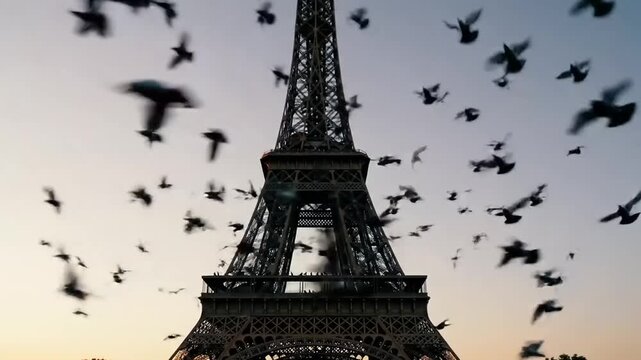 Eiffel tower dusk birds