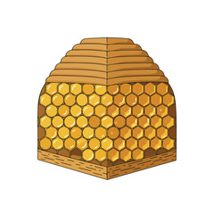 Geometric cartoon of a honeycomb structure with a wooden top and bottom in brown and gold