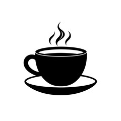 Obraz premium Simple black silhouette icon of a steaming hot coffee cup on a saucer