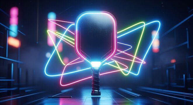 Neon-lit pickleball paddle with vibrant glowing lines in a dark, futuristic setting, showcasing modern sports aesthetics.