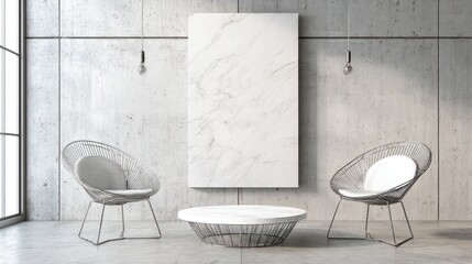 Modern Minimalist Lounge Area with Wire Frame Chairs and Marble Coffee Table in Bright Indoor Space