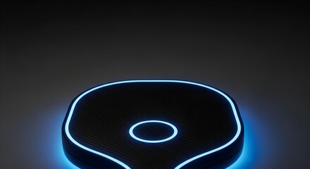 Abstract dark object with glowing blue neon outline and central ring on a dark background, resembling a futuristic key or digital symbol.