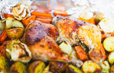 Delicious roasted and grilled chicken dishes with vegetables for a healthy barbecue meal