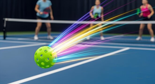 Dynamic shot of a green pickleball with colorful light trails on a blue court, with players in the background during a game.