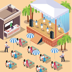 Isometric 3d concept illustration of enjoying a dance performance on a Music Event stage with dancing,people eating and happy people enjoying music