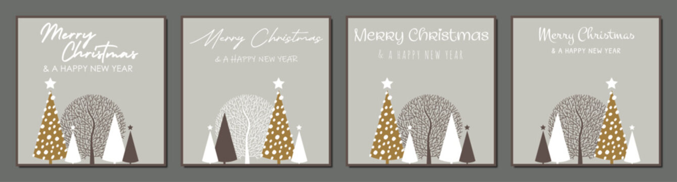 set of square winter christmas cards printable and for social media stories, collection of abstract vector gold and grey templates with snow and fir trees and merry christmas greetings