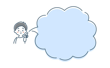 笑顔で指差す男の子と吹き出しのシンプルな線画イラスト素材