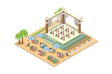 Isometric 3d concept illustration of enjoying a dance performance on a Music Event stage with dancing,people eating and happy people enjoying music