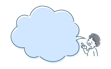 笑顔で指差す男の子と吹き出しのシンプルな線画イラスト素材