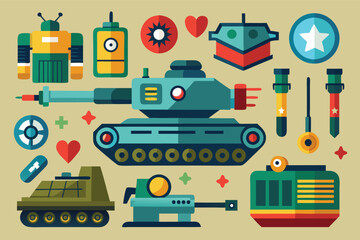 Colorful collection of tank and robot illustrations on a neutral background