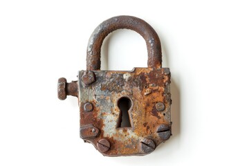 An old, rusty padlock with a keyhole, symbolizing security and protection. isolated on white background